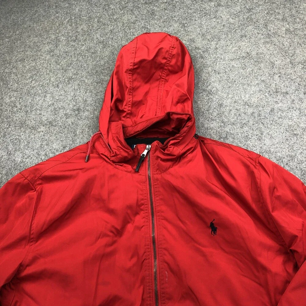 Polo Ralph Lauren Jacket Mens XL Red Hooded Windbreaker Full Zip Lined Outdoor